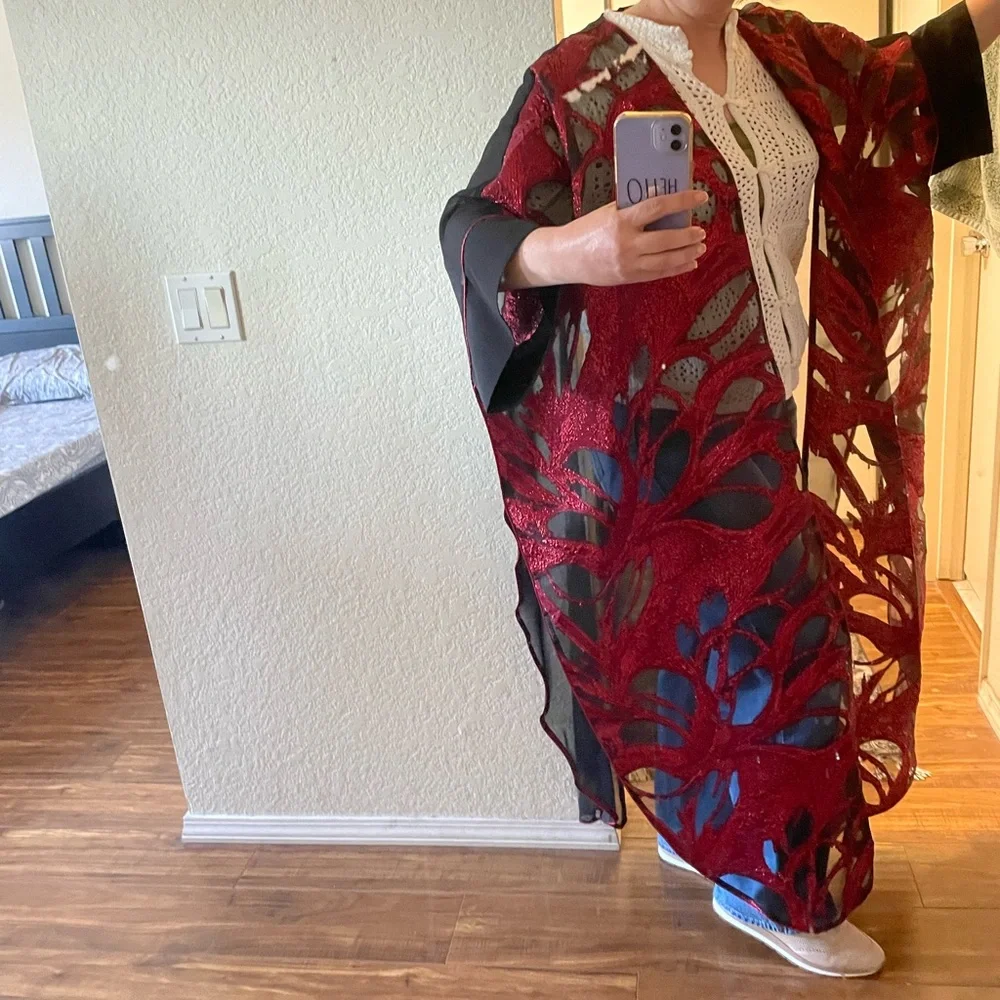 Red and Black Sheer Floral Kimono Wrap - Picture 7 of 9